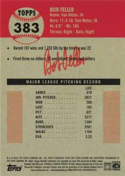 Bob Feller career stats and signature on 2022 Topps Chrome Platinum Anniversary card