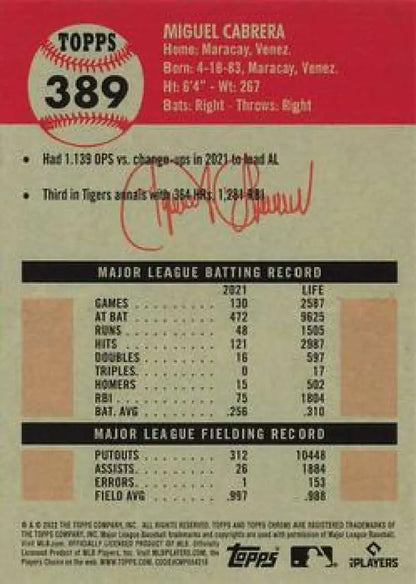 2022 Topps Chrome Platinum Anniversary #389 Miguel Cabrera Detroit Tigers Baseball Card statistics