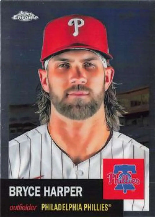 Baseball trading card of Bryce Harper in Philadelphia Phillies uniform, Topps Chrome Platinum