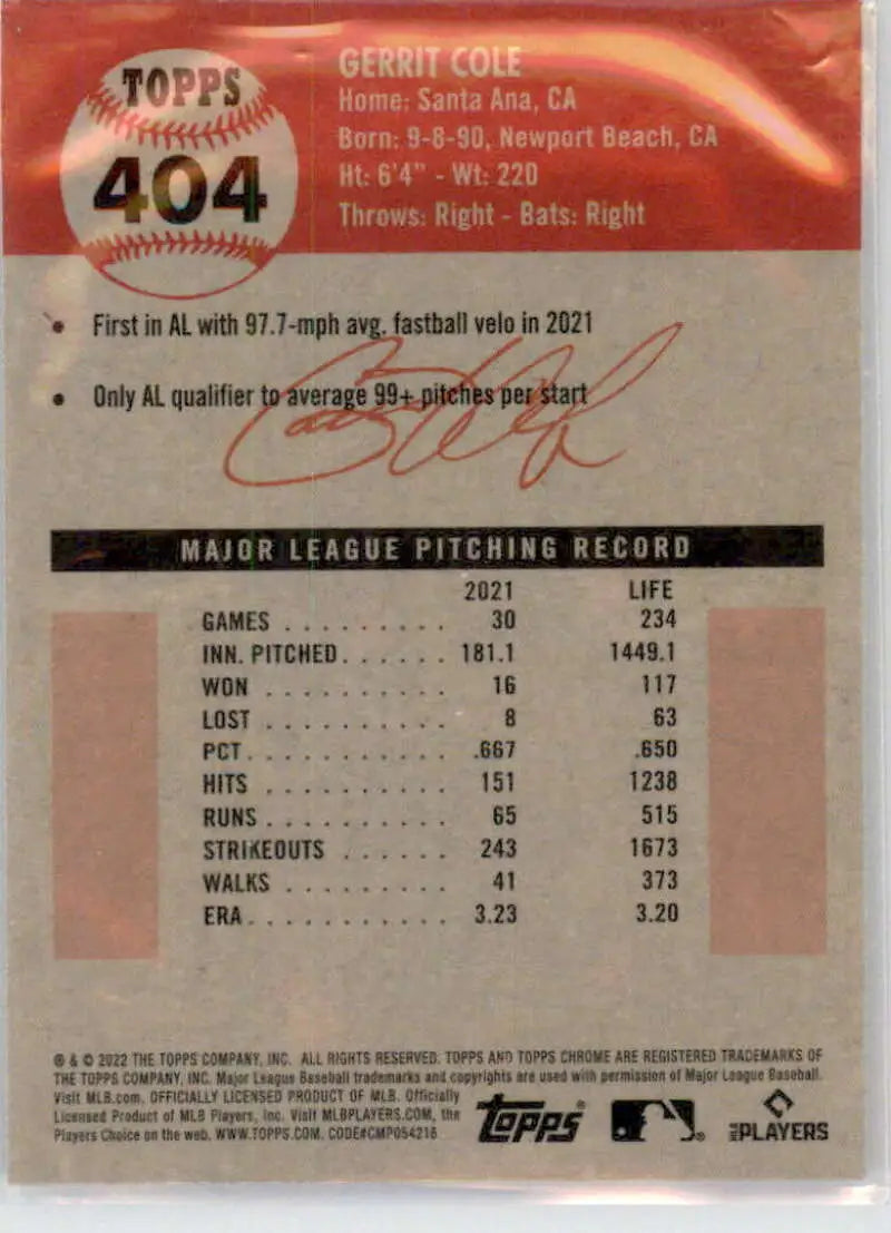 Gerrit Cole pitching statistics on 2022 Topps Chrome Baseball Card for New York Yankees