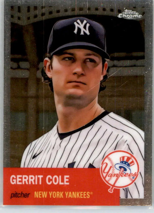 Gerrit Cole New York Yankees baseball card in pinstripe uniform and navy cap