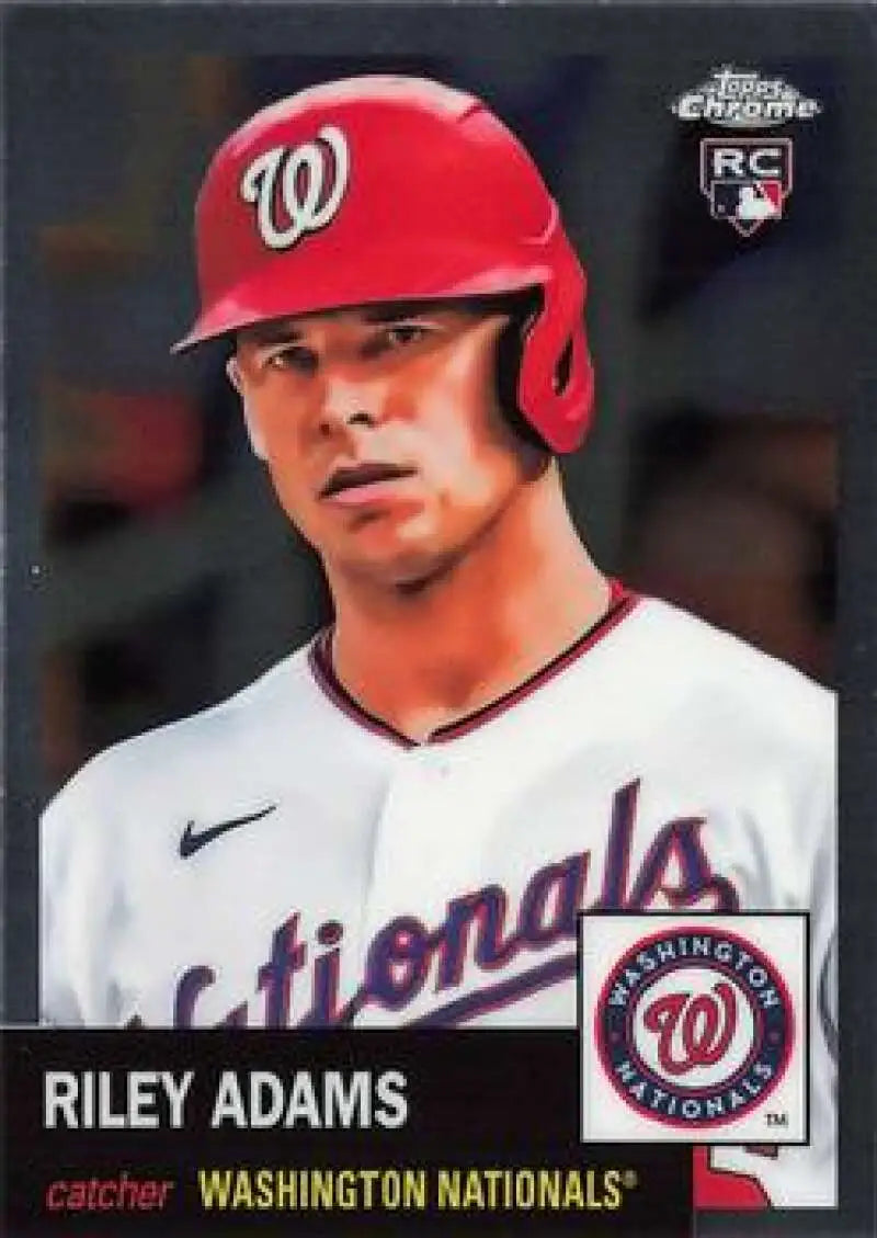 Baseball card of Riley Adams in red helmet and white jersey from Topps Chrome Platinum Anniversary