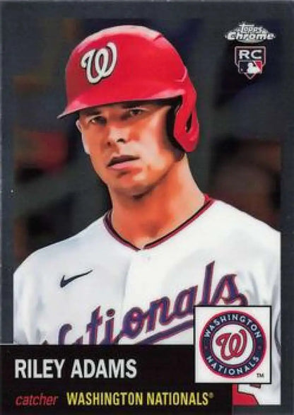 Baseball card of Riley Adams in red helmet and white jersey from Topps Chrome Platinum Anniversary