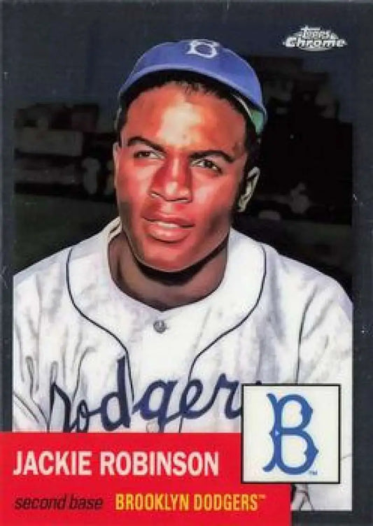 Jackie Robinson in white uniform on 2022 Topps Chrome Platinum Anniversary Baseball Card