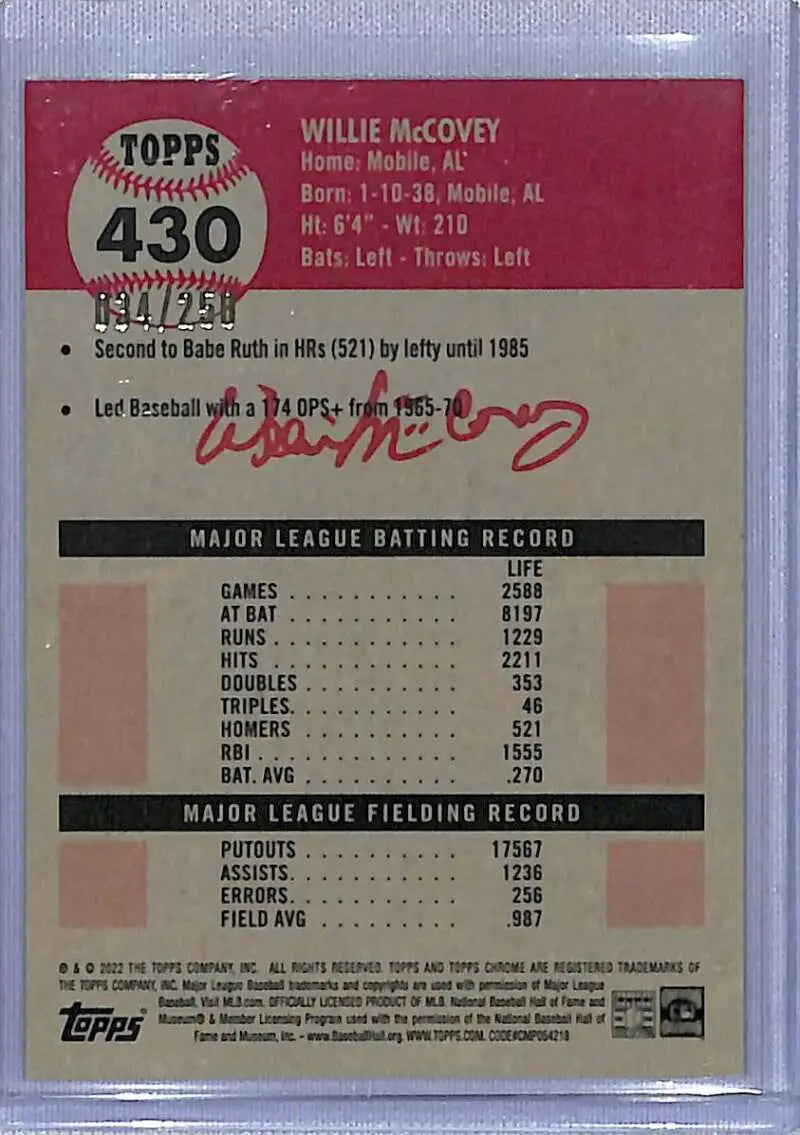 Willie McCovey Topps Chrome Platinum Yellow RayWave Baseball Card with career stats