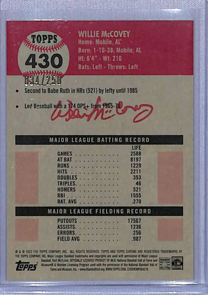 Willie McCovey Topps Chrome Platinum Yellow RayWave Baseball Card with career stats