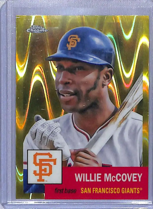 Willie McCovey 2022 Topps Chrome Platinum Yellow RayWave Baseball Card with gold background