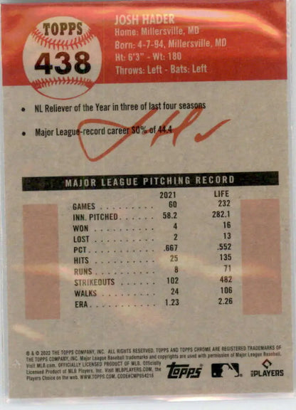 2022 Topps Chrome Platinum Anniversary Josh Hader Baseball Card for Milwaukee Brewers