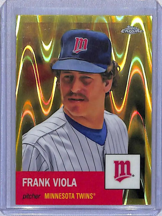 Topps Chrome Platinum Anniversary baseball card featuring Frank Viola in Twins pinstripes