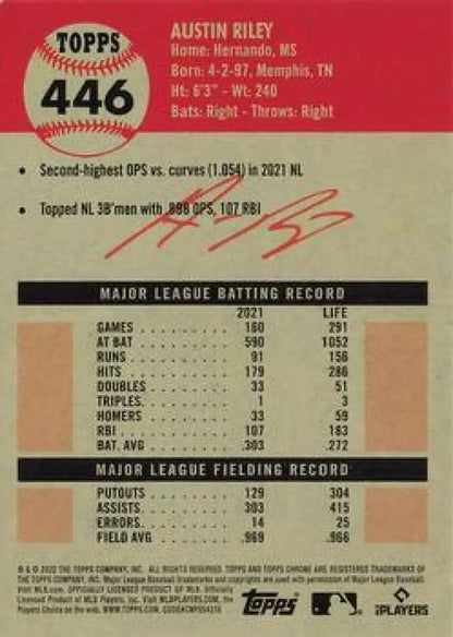 Austin Riley 2022 Topps Chrome Platinum Anniversary #446 baseball card with statistics