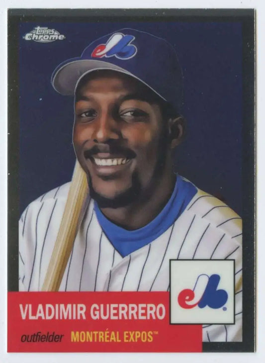 Baseball card of Vladimir Guerrero in Montreal Expos pinstripe uniform and cap