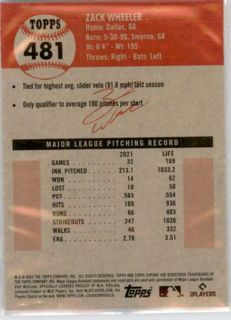 Baseball card of Zack Wheeler from 2022 Topps Chrome Platinum Anniversary #481