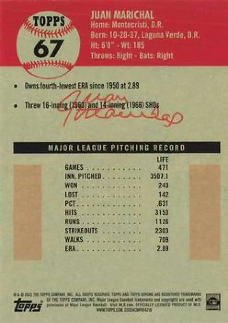 Juan Marichal Platinum Anniversary Baseball Card with pitching stats and career details