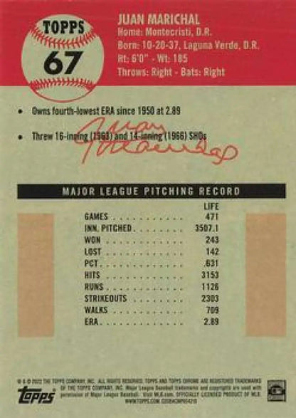 Juan Marichal Platinum Anniversary Baseball Card with pitching stats and career details