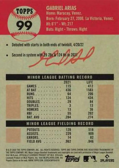 Gabriel Arias Cleveland Guardians batting record on 2022 Topps Chrome Platinum card