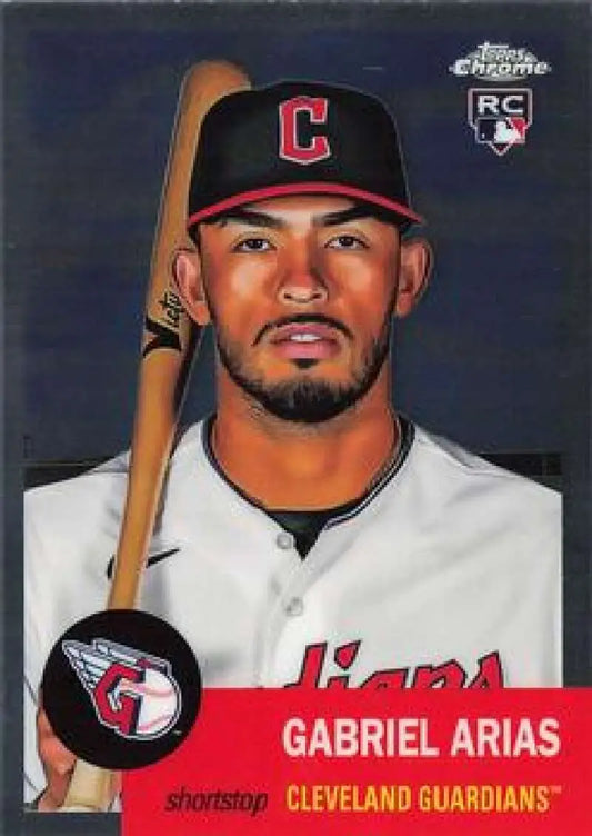 Gabriel Arias holding a bat on a 2022 Topps Chrome Platinum baseball card