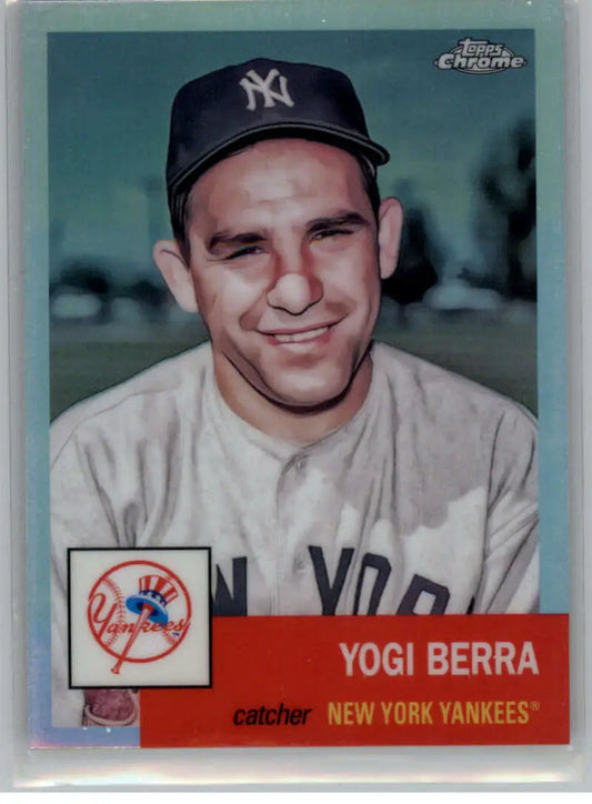 Vintage New York Yankees baseball card of Yogi Berra, Platinum Anniversary Refractor