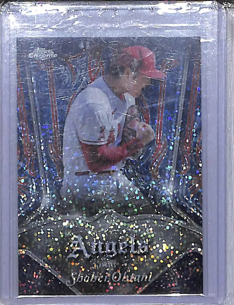 Shohei Ohtani baseball card in protective sleeve from 2022 Topps Chrome Prizm White Sparkle