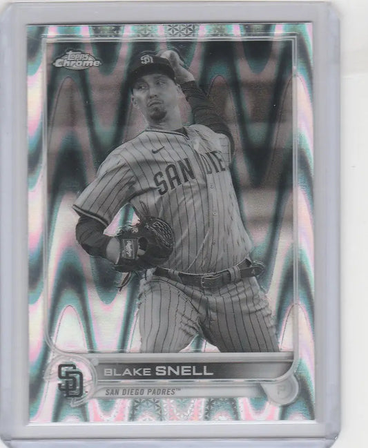 Baseball card of Blake Snell mid-throw for San Diego Padres Topps Chrome Raywave