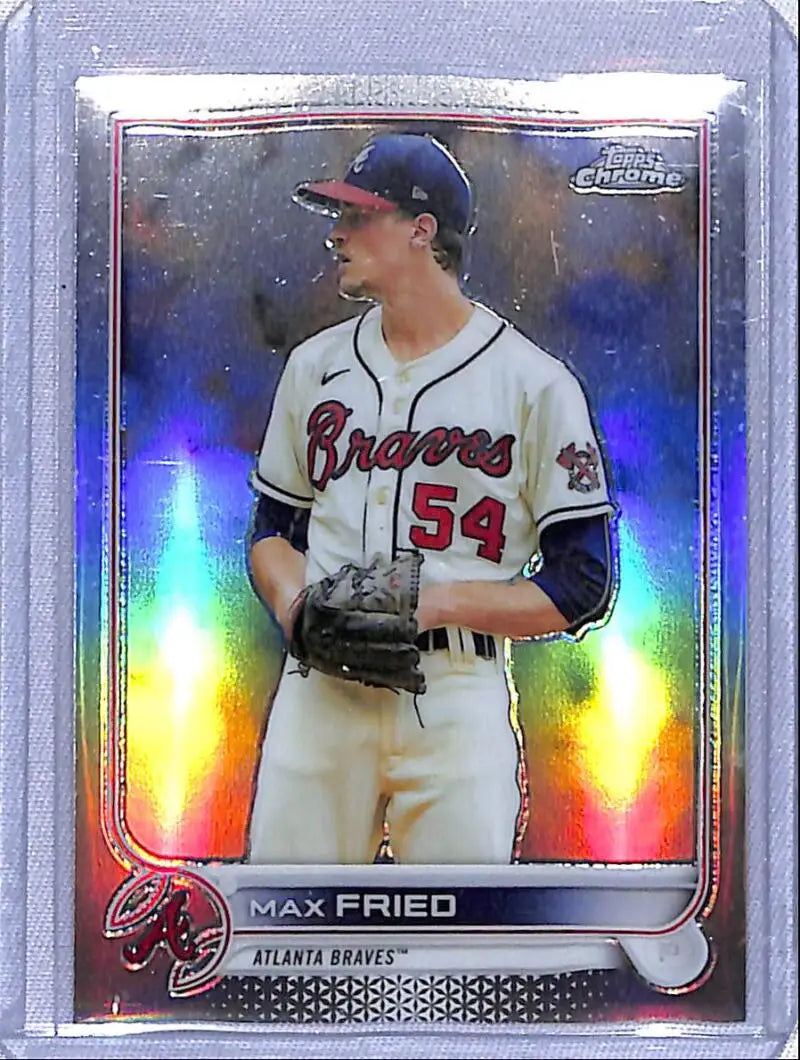 Max Fried Atlanta Braves pitcher on 2022 Topps Chrome Refractor baseball card