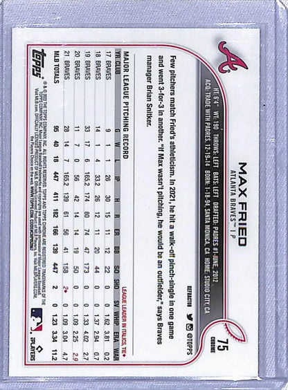 Baseball card displaying Max Fried statistics from 2022 Topps Chrome Refractor Atlanta Braves