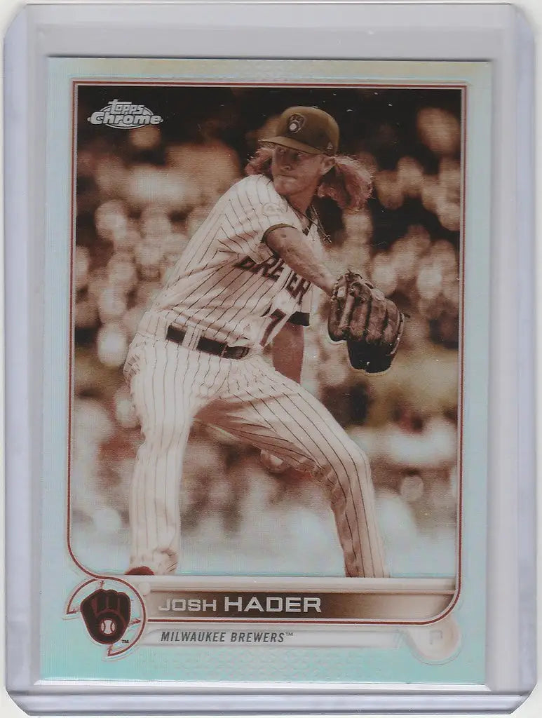 Baseball card of Josh Hader in mid-throw from Topps Chrome Sepia set