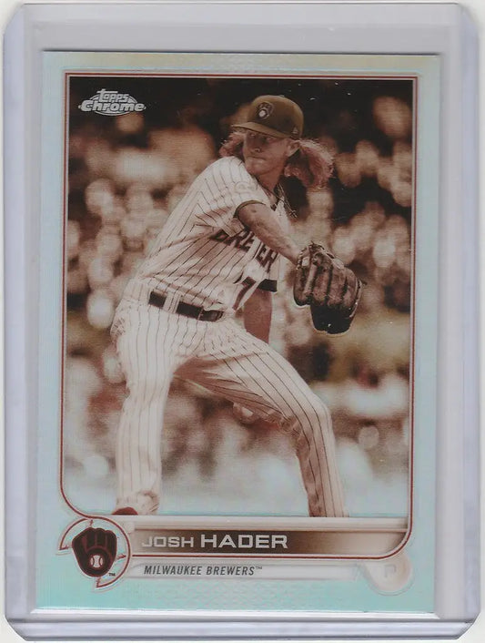 Baseball card of Josh Hader in mid-throw from Topps Chrome Sepia set