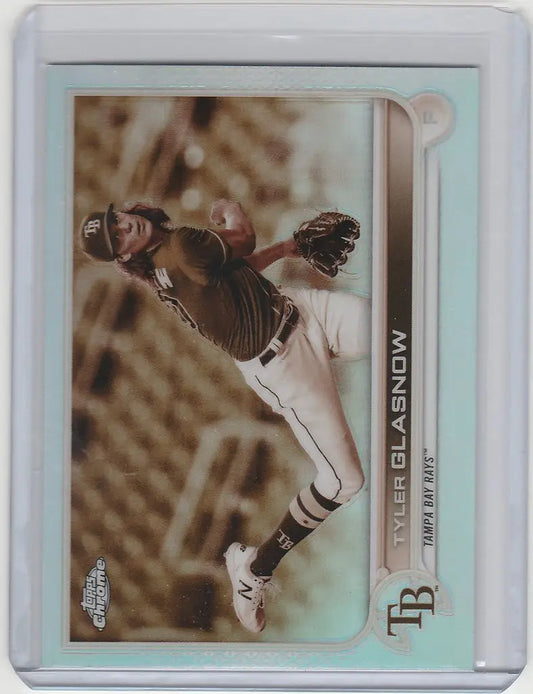 Baseball card of Tyler Glasnow in mid-throw, featuring Topps Chrome Sepia with Tampa Bay Rays
