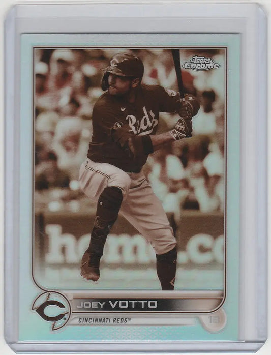 Joey Votto mid-swing on a 2022 Topps Chrome Sepia baseball card for Cincinnati Reds
