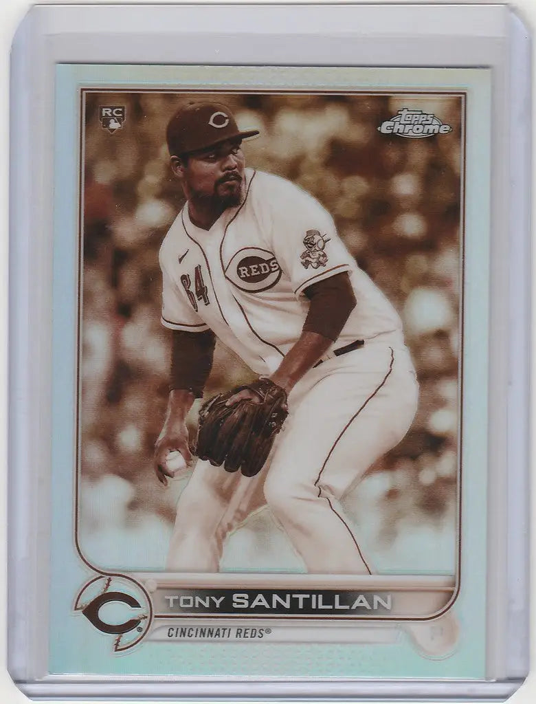 Baseball card of Cincinnati Reds pitcher Tony Santillan in 2022 Topps Chrome Sepia design