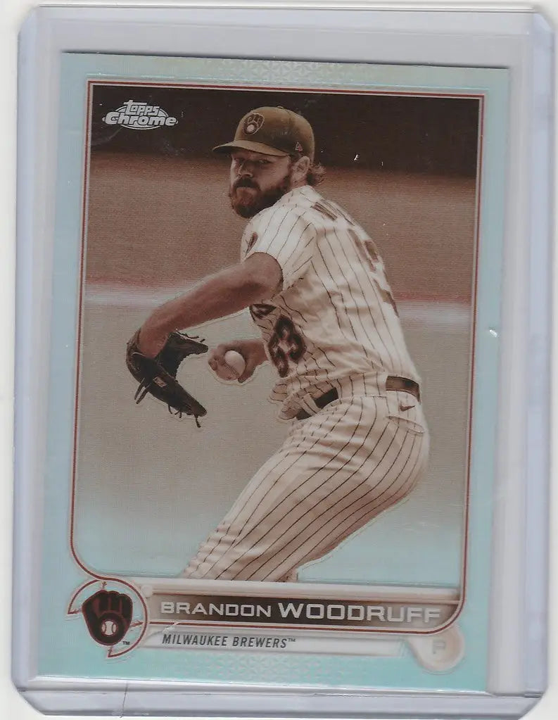 Baseball card of Brandon Woodruff in pinstriped uniform from Topps Chrome Sepia