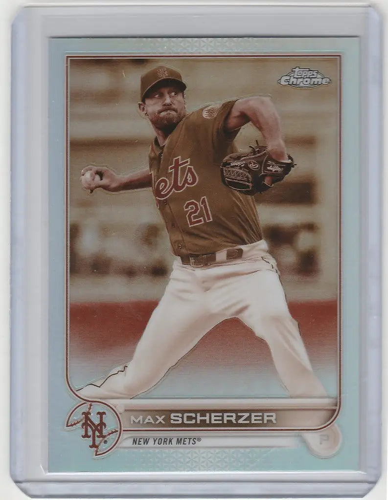 Baseball card of Max Scherzer in mid-throw, Topps Chrome Sepia, New York Mets