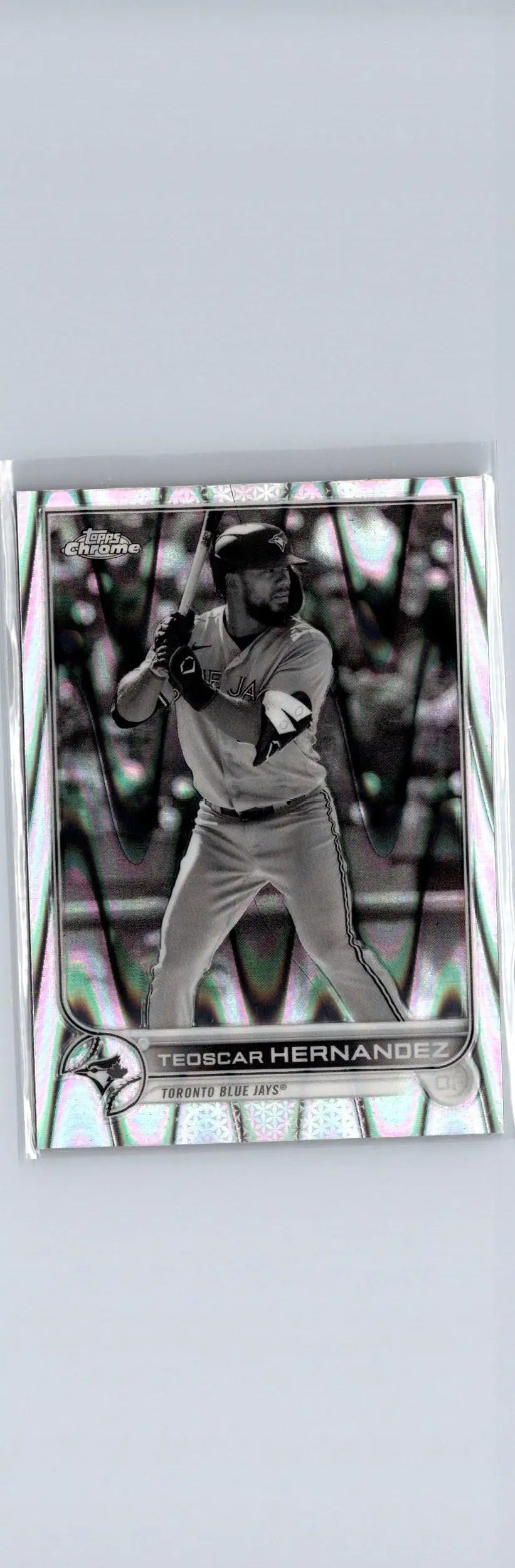 Baseball card featuring Teoscar Hernandez at bat from Topps Chrome Sonic Black & White RayWave