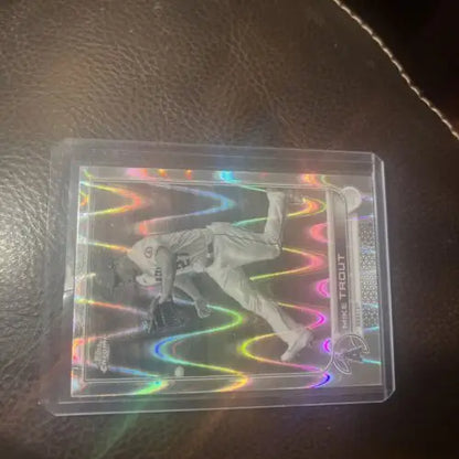 Encased Mike Trout baseball card from 2022 Topps Chrome Sonic White Raywave Refractor
