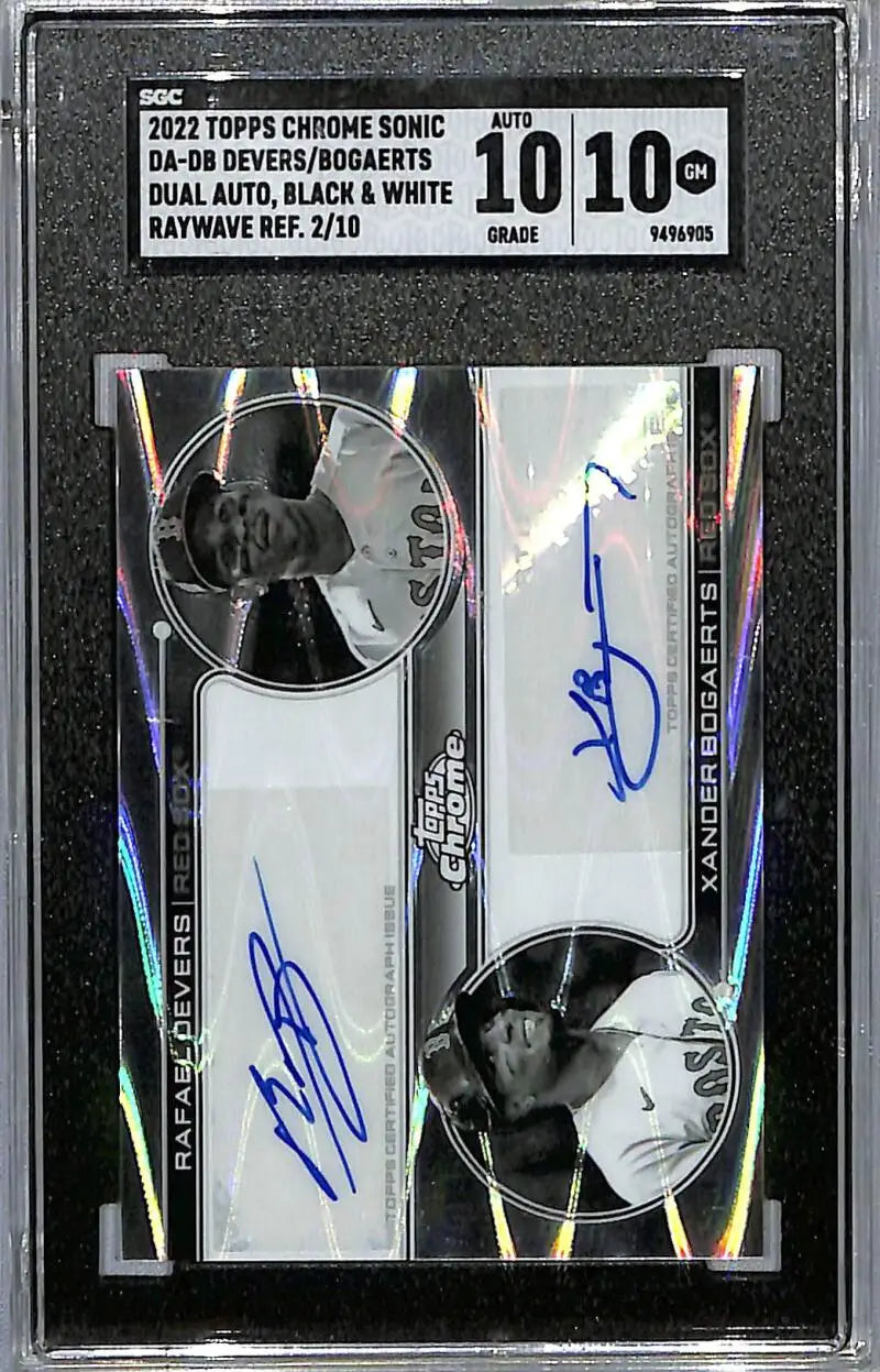 Graded sports trading card of Xander Bogaerts and Rafael Devers in Sonic Refractor Black design