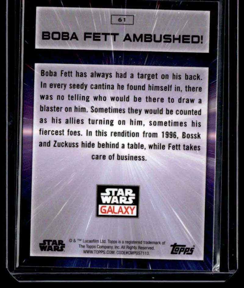 Trading card featuring Boba Fett ambushed in Star Wars Galaxy series