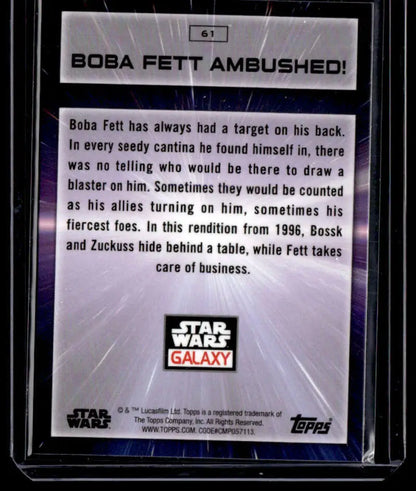 Trading card featuring Boba Fett ambushed in Star Wars Galaxy series