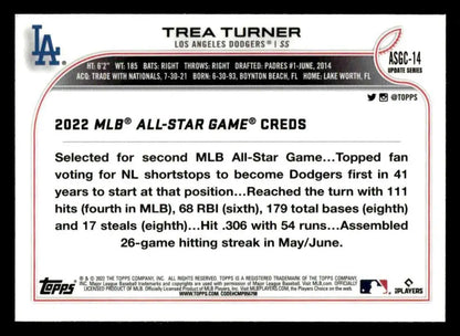 Back of a Trea Turner Topps Chrome Update 2022 All-Star Game trading card