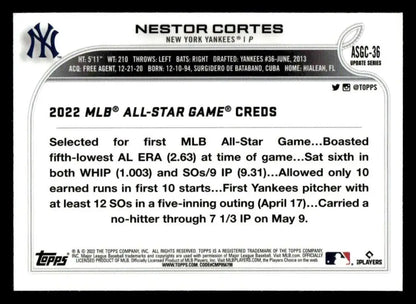 Baseball card featuring Nestor Cortes with stats and achievements from Topps Chrome Update