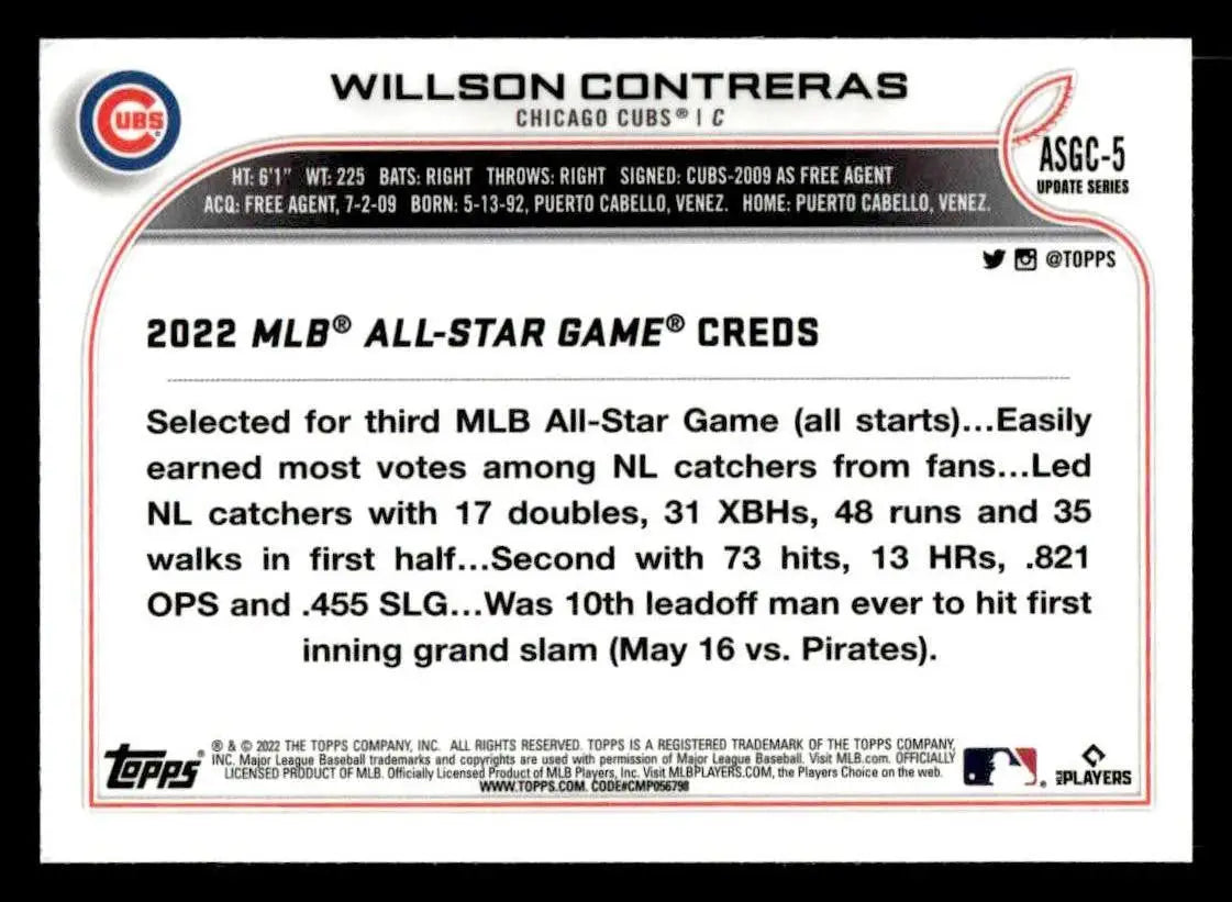 Baseball card of Willson Contreras from 2022 Topps Chrome Update All-Star Game