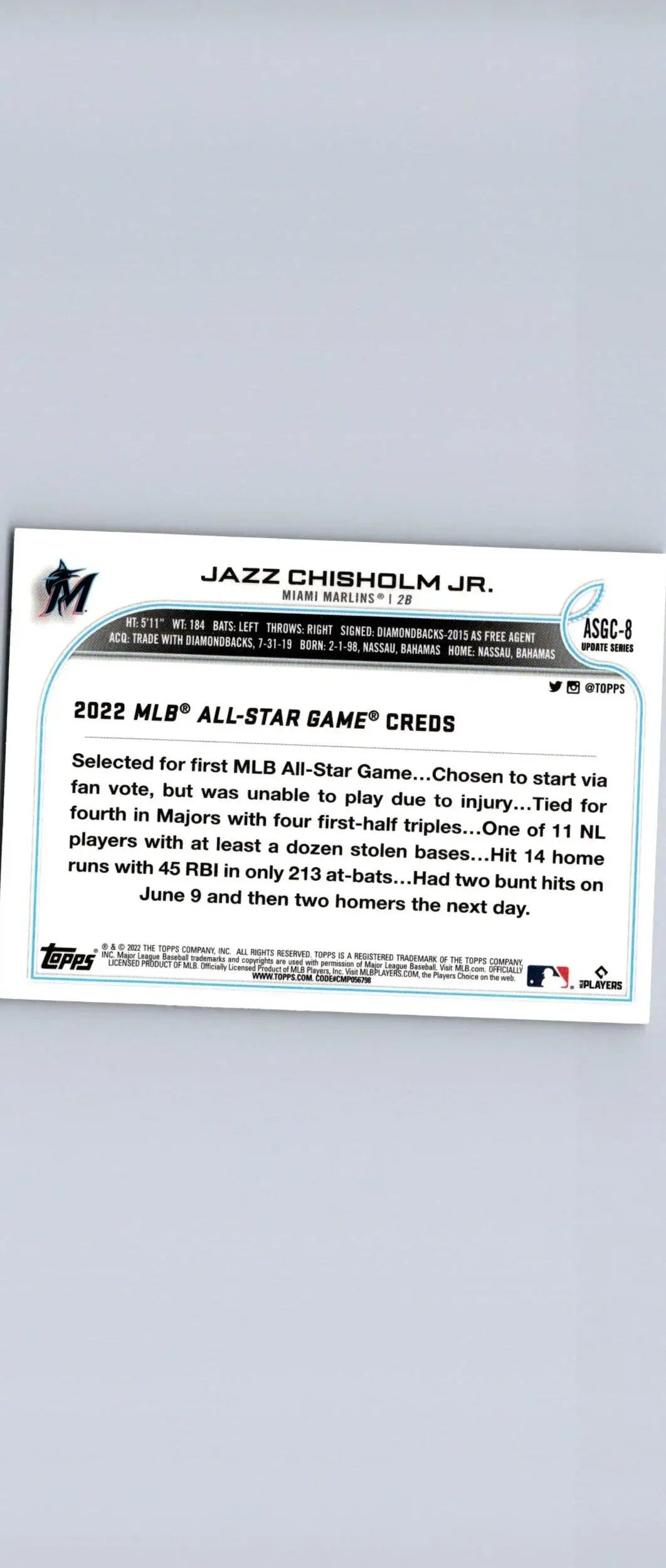 Back of 2022 Topps Chrome Update Jazz Chisholm Jr. All-Star Game card