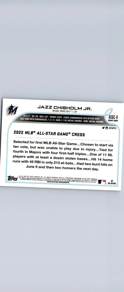 Back of 2022 Topps Chrome Update Jazz Chisholm Jr. All-Star Game card