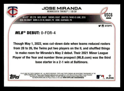 Baseball card back for 2022 Topps Chrome Update USC6 Jose Miranda Purple Refractor