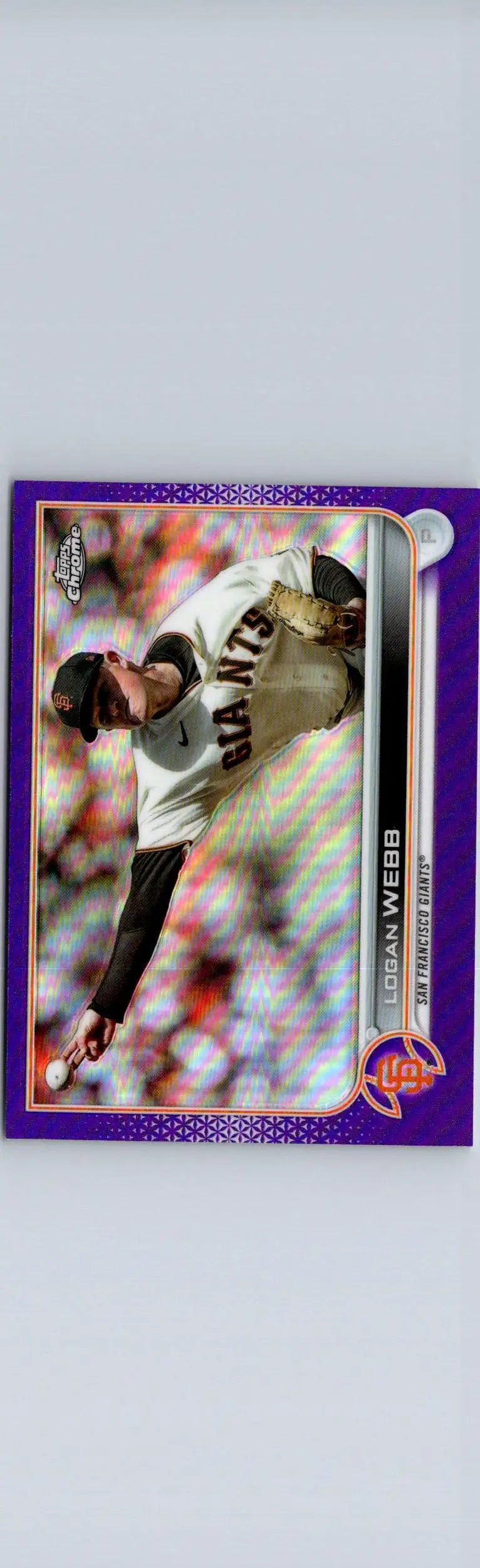 Purple baseball card of Logan Webb from 2022 Topps Chrome Update USC62 featuring refractor design