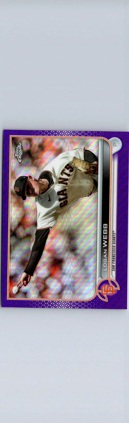 Purple baseball card of Logan Webb from 2022 Topps Chrome Update USC62 featuring refractor design