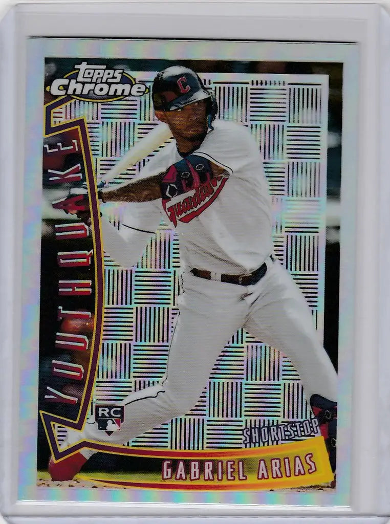 Baseball card of Gabriel Arias swinging bat for Cleveland Guardians Topps Chrome Youthquake