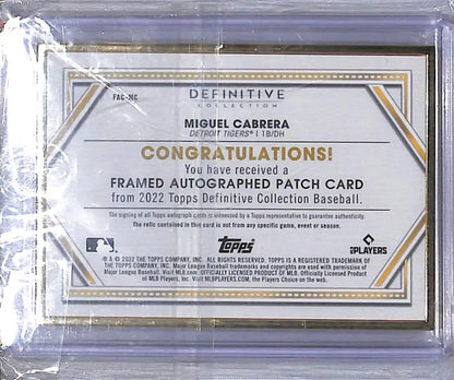 Autographed Miguel Cabrera patch baseball card from 2022 Topps Definitive Collection featuring Detroit Tigers memorabilia