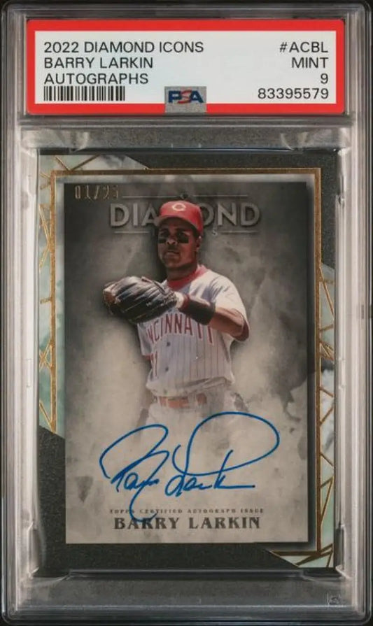 PSA-graded autographed Barry Larkin baseball card from 2022 Diamond Icons set
