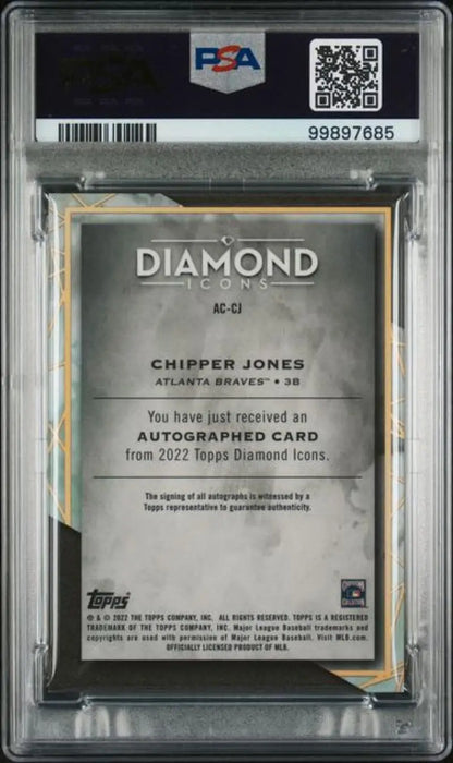 PSA-graded Chipper Jones Atlanta Braves baseball card in protective case with QR code