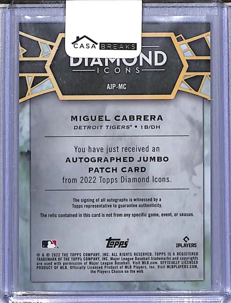 Miguel Cabrera autographed jumbo patch card from 2022 Topps Diamond Icons series